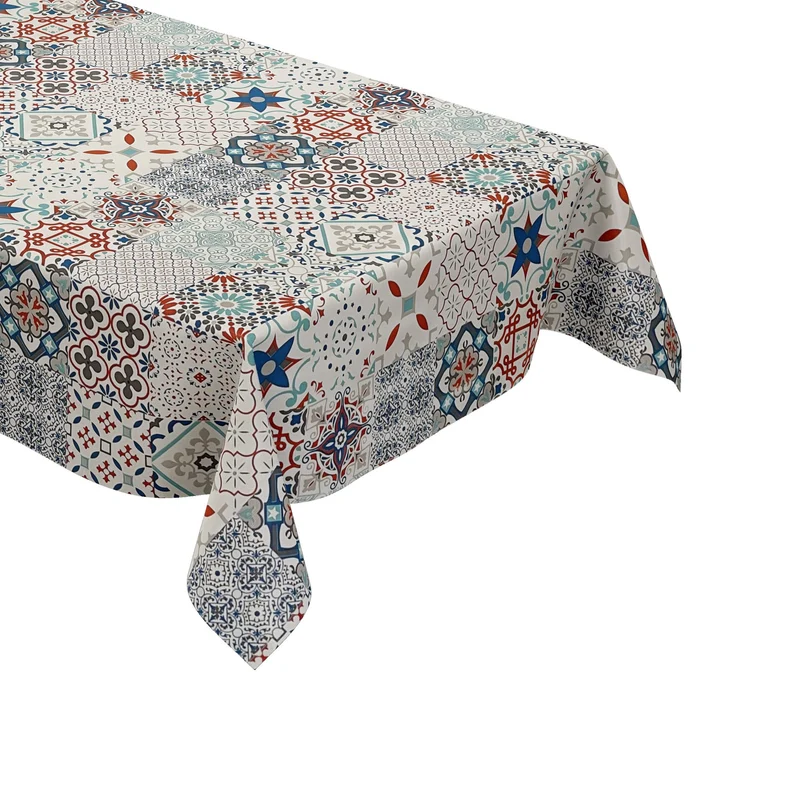 Wachstuch Tischdecke B5010-02 Mosaik Fliesen blau rot auf weiss eckig rund oval