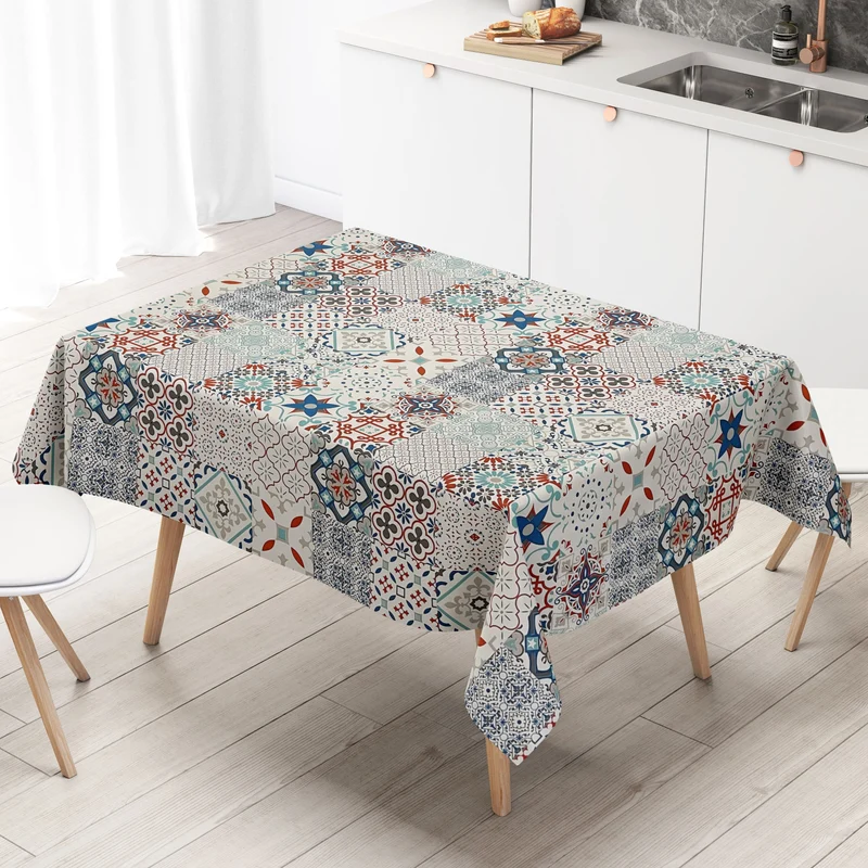 Wachstuch Tischdecke B5010-02 Mosaik Fliesen blau rot auf weiss eckig rund oval