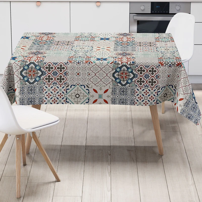 Wachstuch Tischdecke B5010-02 Mosaik Fliesen blau rot auf weiss eckig rund oval