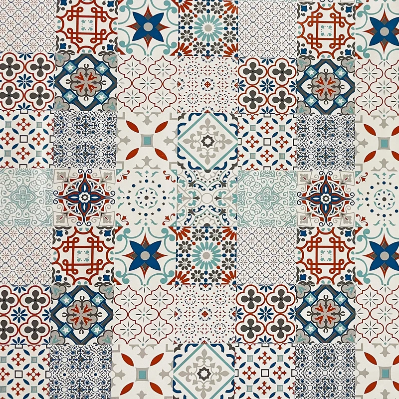 Wachstuch Tischdecke B5010-02 Mosaik Fliesen blau rot auf weiss eckig rund oval