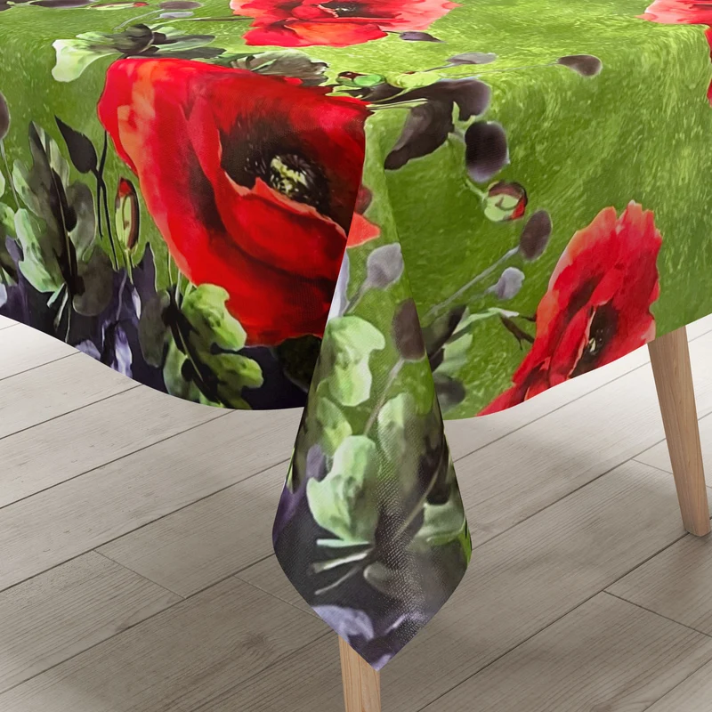 Wachstuch Tischdecke geprägt B6029-02 Mohnblumen grün Bordürenmuster eckig rund oval