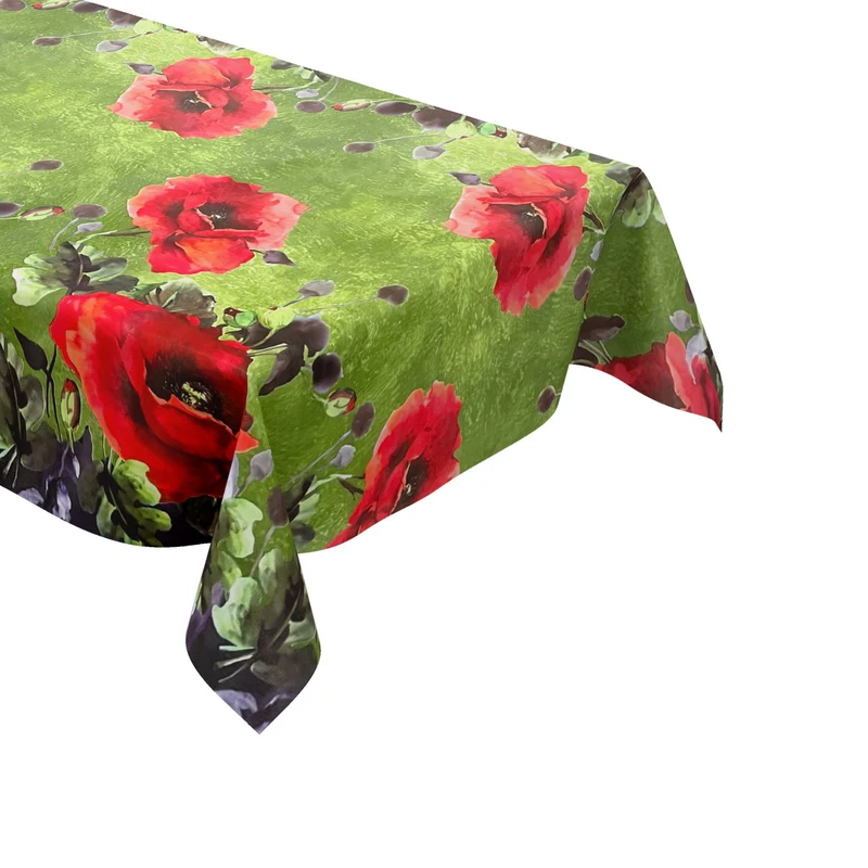Wachstuch Tischdecke geprägt B6029-02 Mohnblumen grün Bordürenmuster eckig rund oval