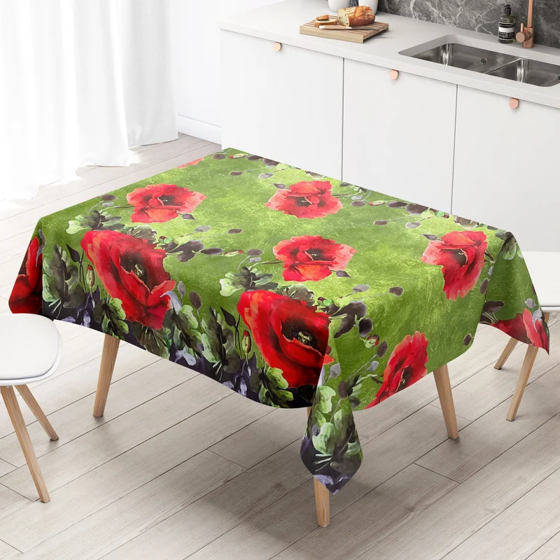 Wachstuch Tischdecke geprägt B6029-02 Mohnblumen grün Bordürenmuster eckig rund oval