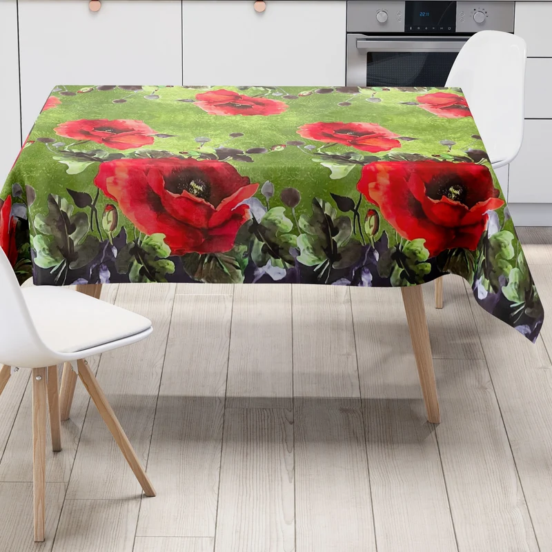 Wachstuch Tischdecke geprägt B6029-02 Mohnblumen grün Bordürenmuster eckig rund oval
