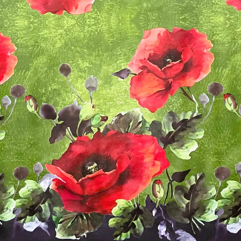 Wachstuch Tischdecke geprägt B6029-02 Mohnblumen grün Bordürenmuster eckig rund oval