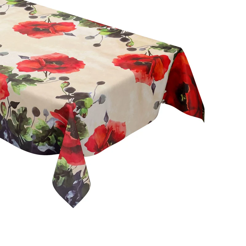 Wachstuch Tischdecke geprägt B6029-01 Mohnblumen beige Bordürenmuster eckig rund oval