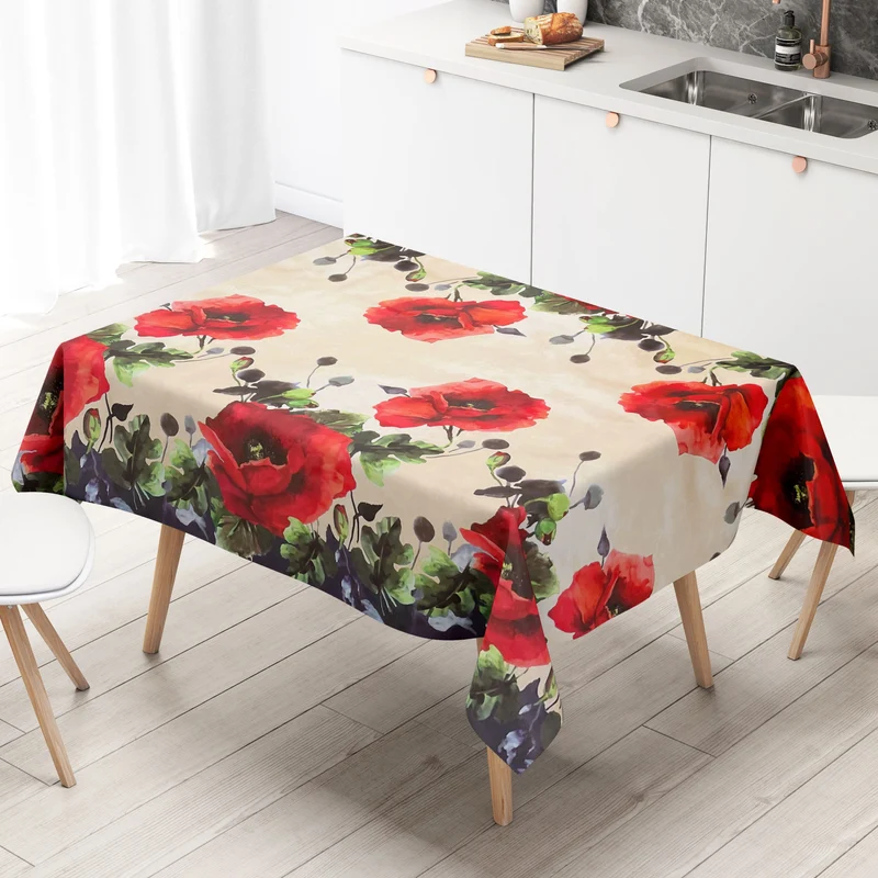 Wachstuch Tischdecke geprägt B6029-01 Mohnblumen beige Bordürenmuster eckig rund oval