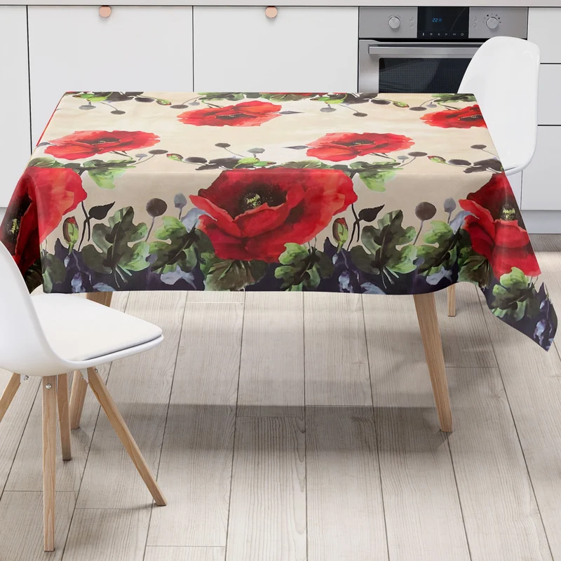 Wachstuch Tischdecke geprägt B6029-01 Mohnblumen beige Bordürenmuster eckig rund oval