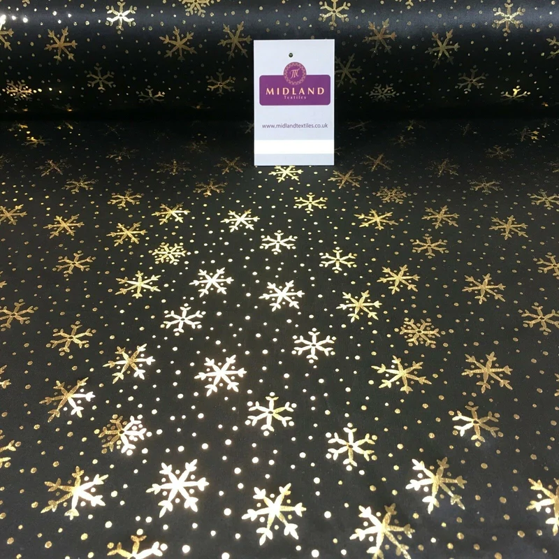 Black with gold Gold Snowflake Hologram Printed Computer foil fabric 45" M7-12