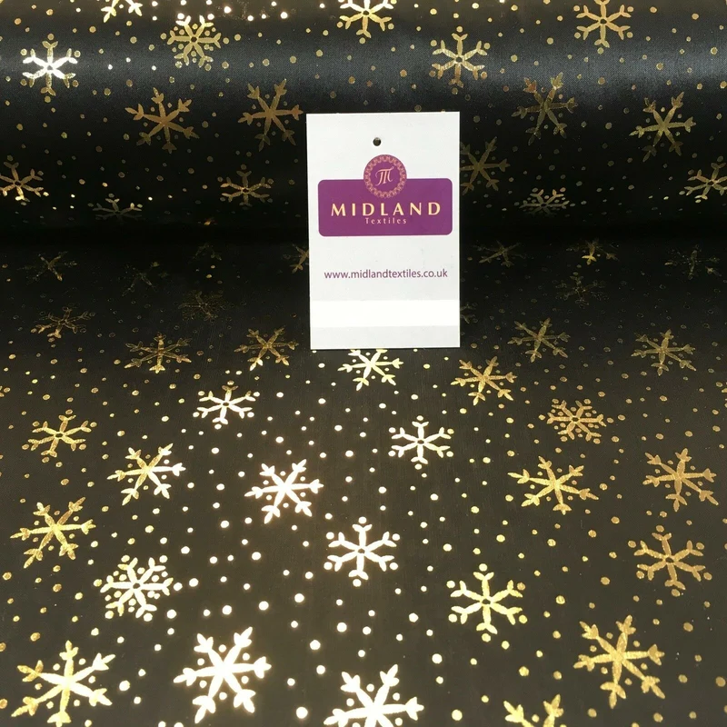 Black with gold Gold Snowflake Hologram Printed Computer foil fabric 45" M7-12