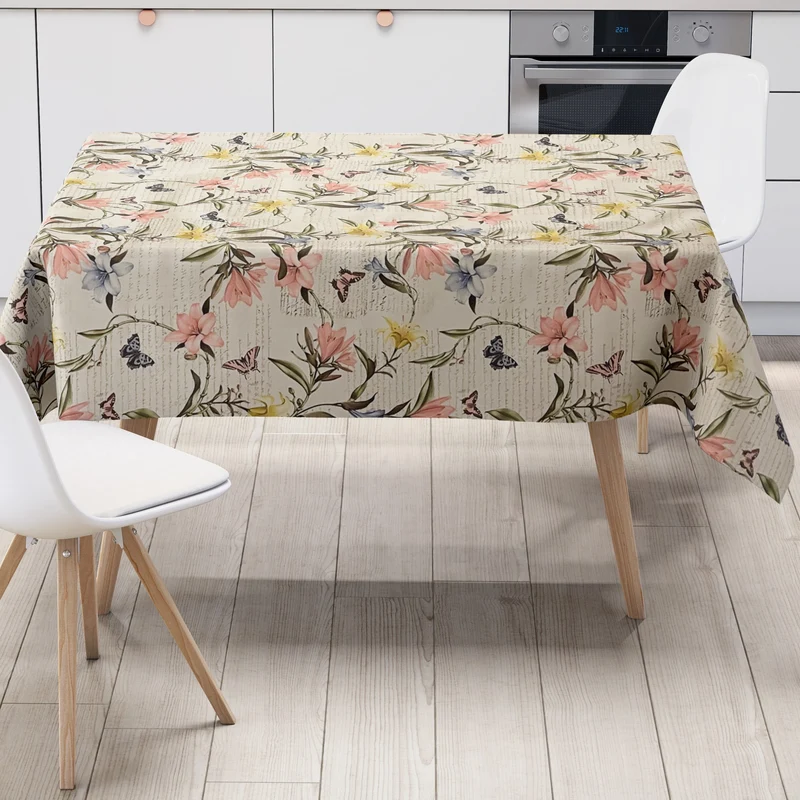 Wachstuch Tischdecke 06241-02 beige Blumenwiese Blüten Schmetterlinge eckig rund oval Wunschmaß