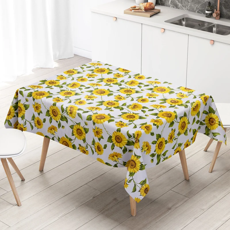 Wachstuch Tischdecke 160 cm Breite Übergröße B8988-01 Sonnenblumen auf weiss eckig rund oval