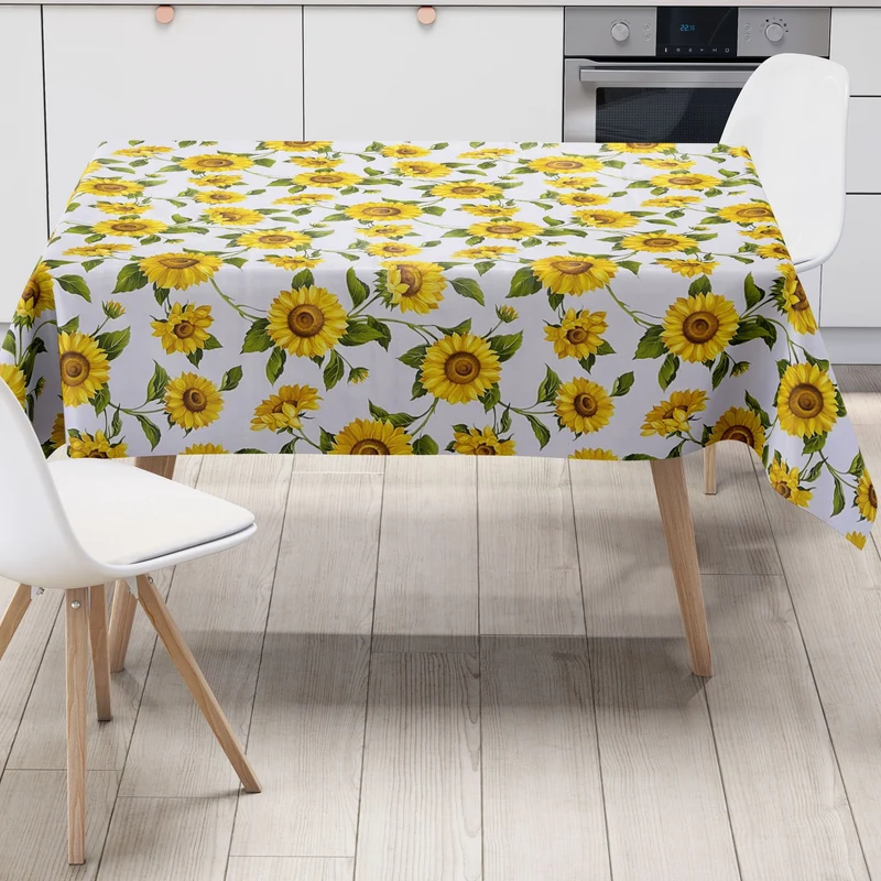 Wachstuch Tischdecke 160 cm Breite Übergröße B8988-01 Sonnenblumen auf weiss eckig rund oval