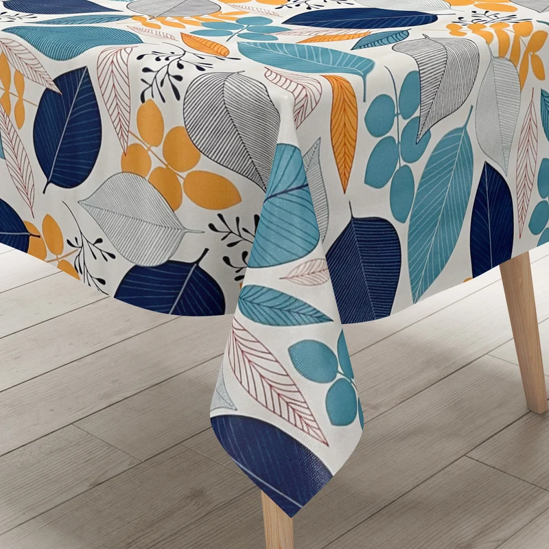 Wachstuch Tischdecke B4052-02 blau orange Blätter Laub Dschungel nach Maß eckig rund oval