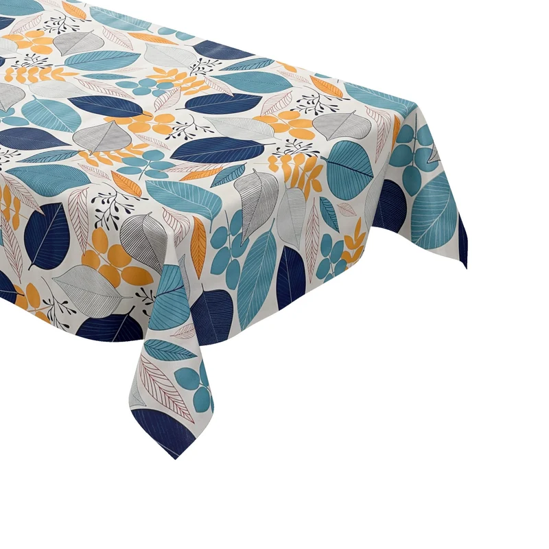 Wachstuch Tischdecke B4052-02 blau orange Blätter Laub Dschungel nach Maß eckig rund oval