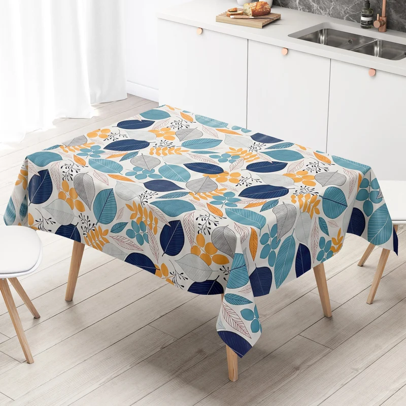 Wachstuch Tischdecke B4052-02 blau orange Blätter Laub Dschungel nach Maß eckig rund oval