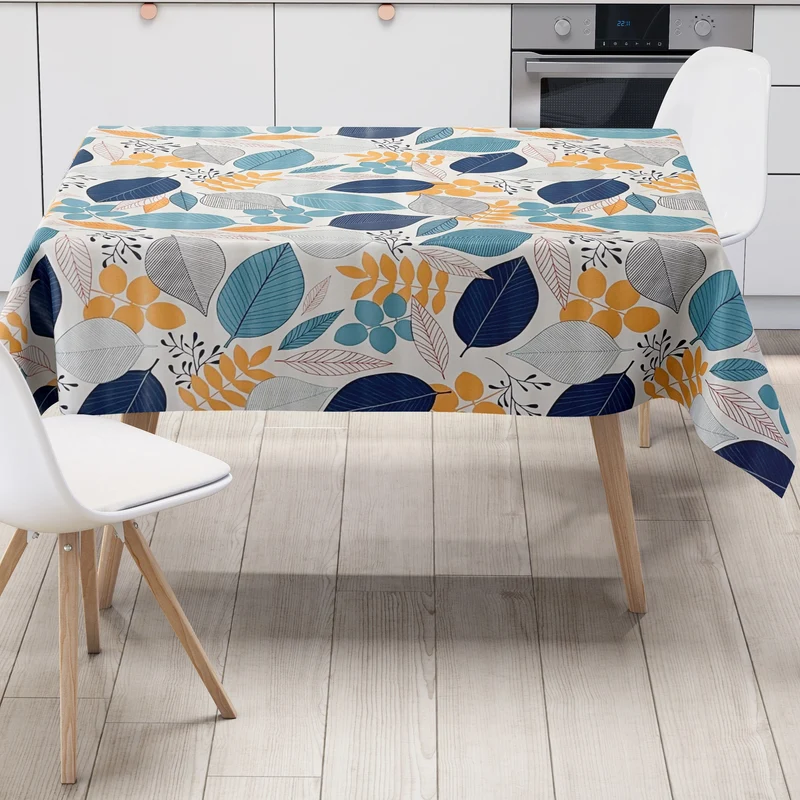 Wachstuch Tischdecke B4052-02 blau orange Blätter Laub Dschungel nach Maß eckig rund oval