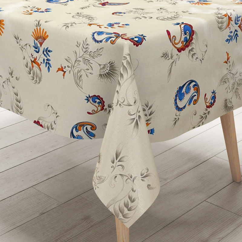 Wachstuch Tischdecke 01513-01 Boho Federn Blumen beige eckig rund oval