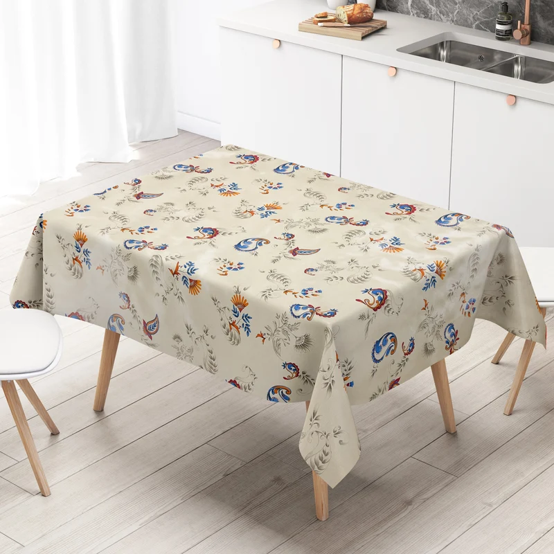Wachstuch Tischdecke 01513-01 Boho Federn Blumen beige eckig rund oval