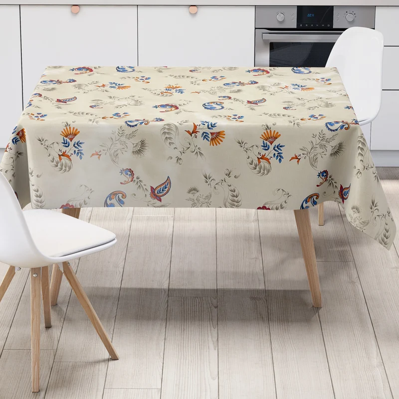 Wachstuch Tischdecke 01513-01 Boho Federn Blumen beige eckig rund oval
