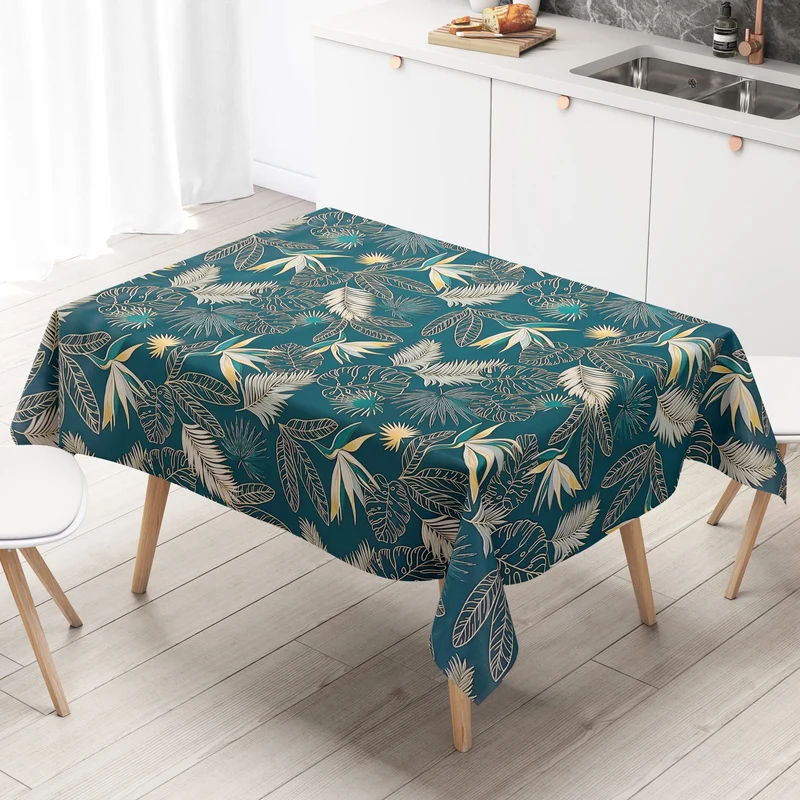 Wachstuch Tischdecke C14213G Dschungel Palmen Monstera auf petrol eckig rund oval