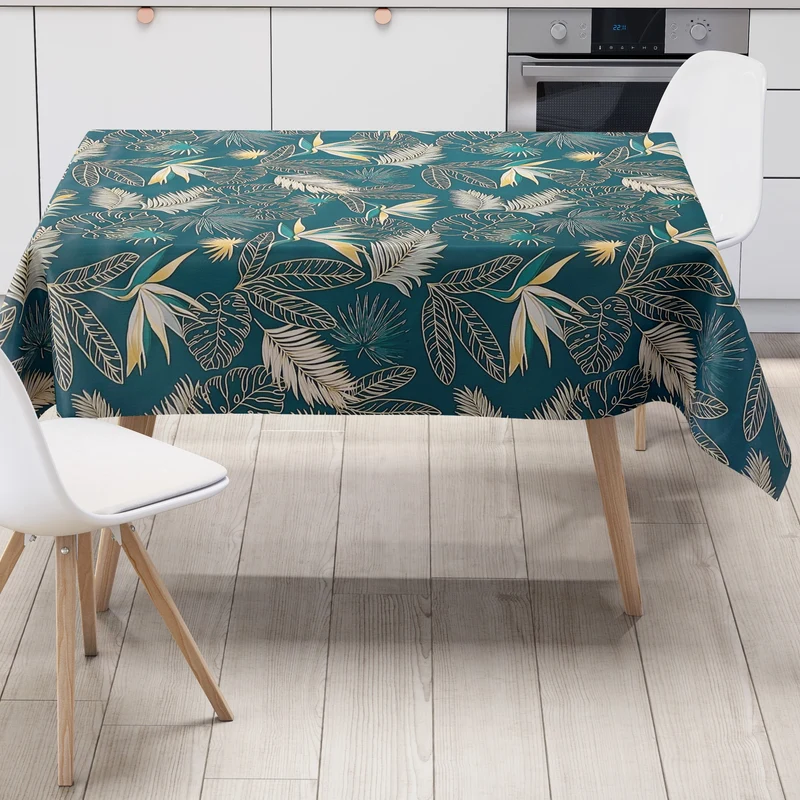 Wachstuch Tischdecke C14213G Dschungel Palmen Monstera auf petrol eckig rund oval