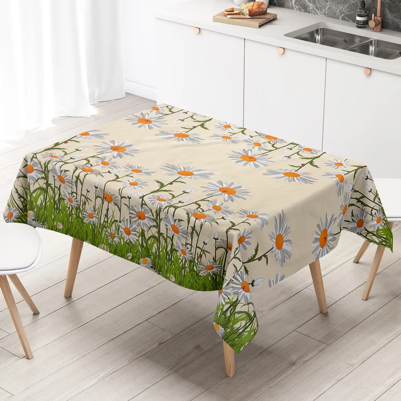 Wachstuch Tischdecke Bordürenmuster 01097-00 Gänseblümchen auf beige eckig rund oval