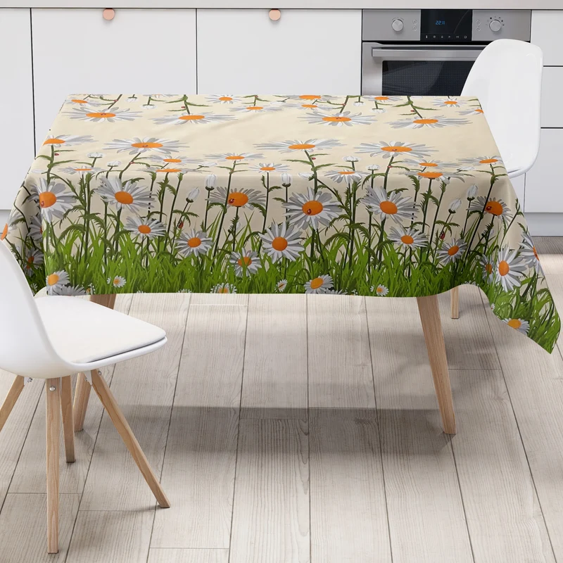 Wachstuch Tischdecke Bordürenmuster 01097-00 Gänseblümchen auf beige eckig rund oval