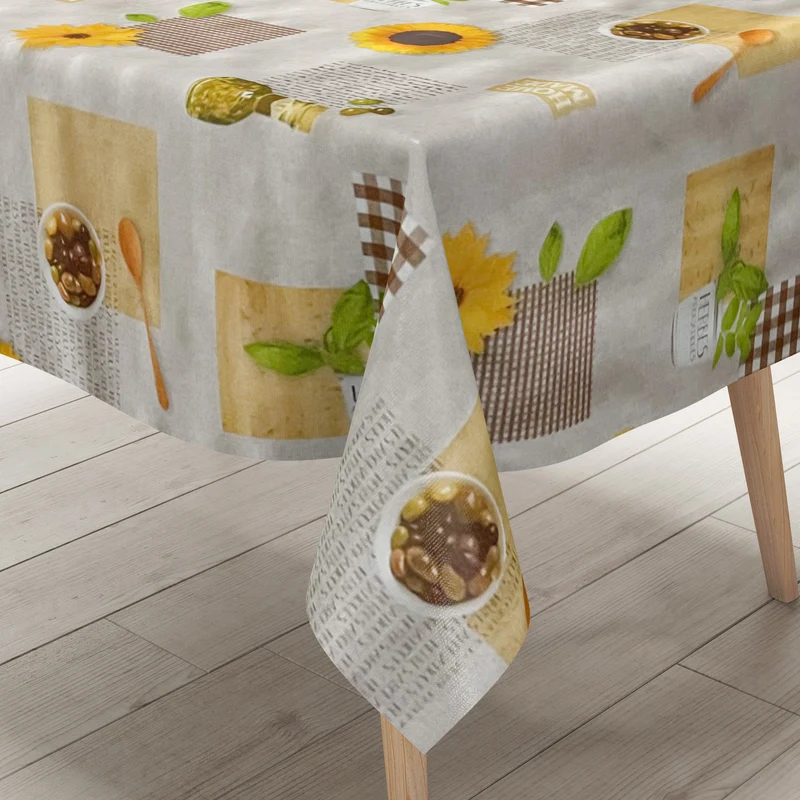 Wachstuch Tischdecke 01572-01 Oliven Sonnenblumen Holz Karo braun meliert mediterran eckig rund oval