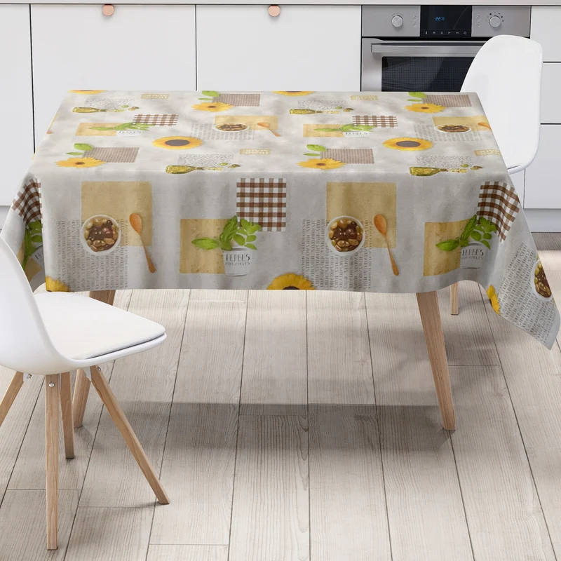 Wachstuch Tischdecke 01572-01 Oliven Sonnenblumen Holz Karo braun meliert mediterran eckig rund oval