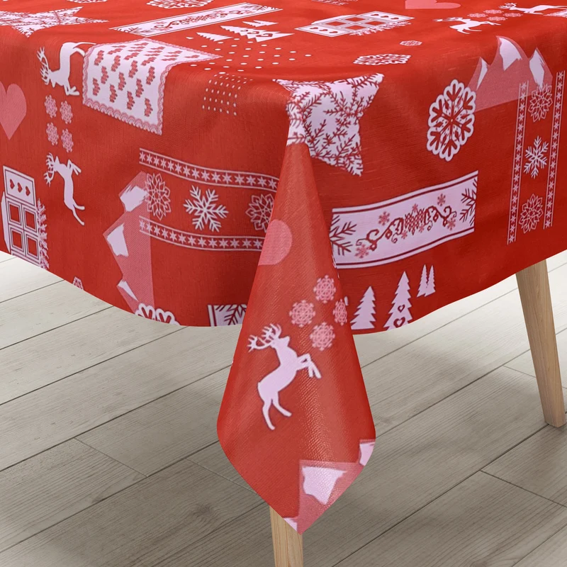 Wachstuch Tischdecke geprägt Weihnachten KE34210 Rentier Schneeflocken rot eckig rund oval