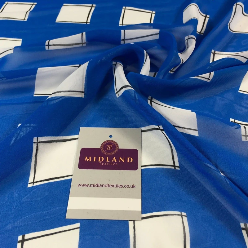 Cobalt blue and white check light chiffon Dress fabric 58" M401-18 Mtex