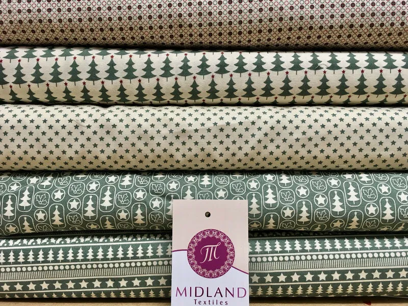 Green Scandi 100% Cotton Christmas themed Patchwork & Crafting Fabric 45" Mtex