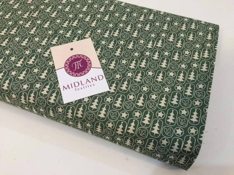 Green Scandi 100% Cotton Christmas themed Patchwork & Crafting Fabric 45" Mtex