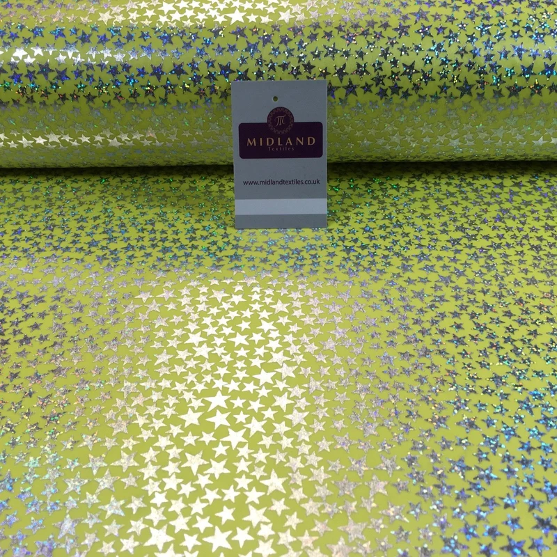 Yellow with silver stars hologram printed computer foil fabric 45" M7-10 Mtex