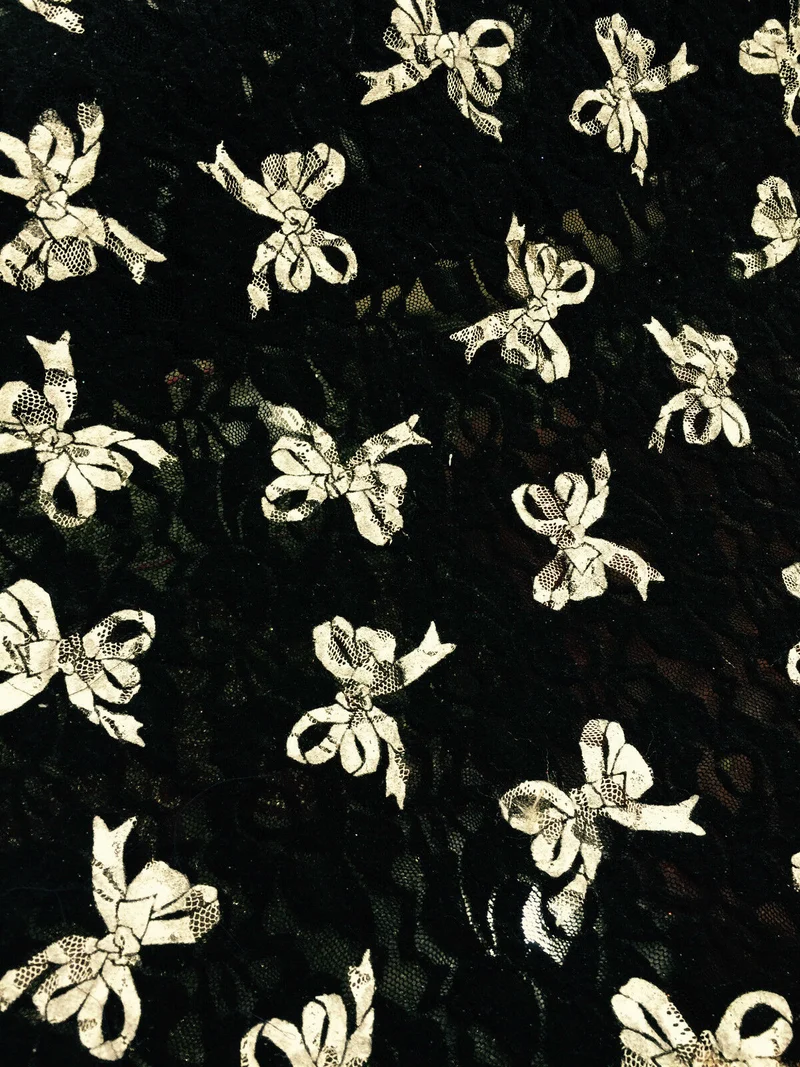 Cream Bow Print on Black soft lace Two Way Stretch 55" M186-3 Mtex