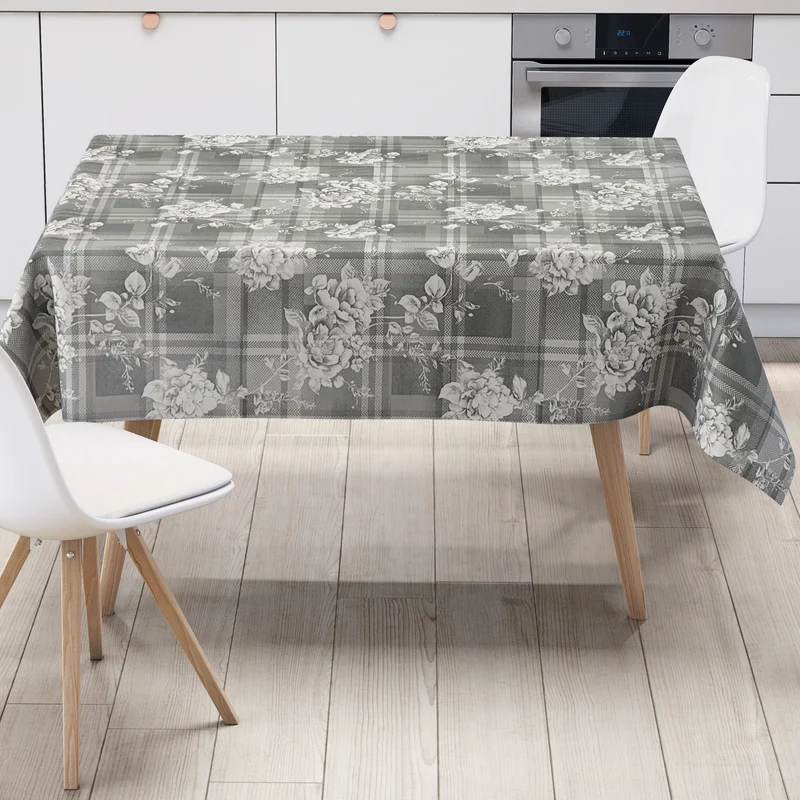Wachstuch Tischdecke geprägt P1183-5 hellgrau Rosen kariert eckig rund oval