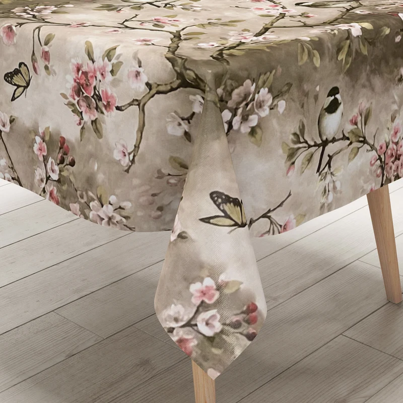 abwaschbare Wachstuch Tischdecke 01099-02 Kirschblüte taupe Meisen Schmetterlinge eckig rund oval