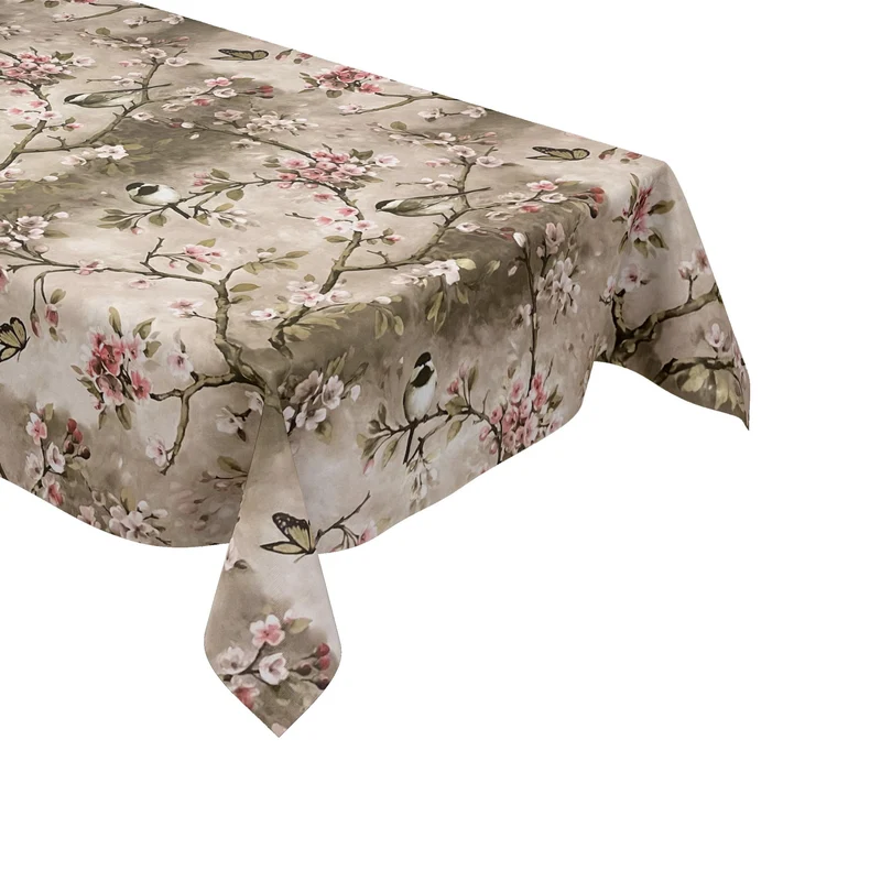 abwaschbare Wachstuch Tischdecke 01099-02 Kirschblüte taupe Meisen Schmetterlinge eckig rund oval