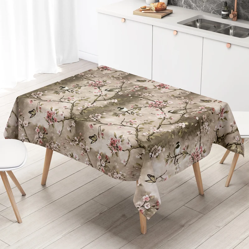 abwaschbare Wachstuch Tischdecke 01099-02 Kirschblüte taupe Meisen Schmetterlinge eckig rund oval