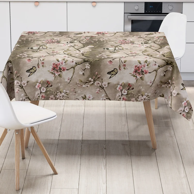 abwaschbare Wachstuch Tischdecke 01099-02 Kirschblüte taupe Meisen Schmetterlinge eckig rund oval