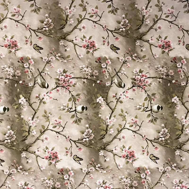 abwaschbare Wachstuch Tischdecke 01099-02 Kirschblüte taupe Meisen Schmetterlinge eckig rund oval
