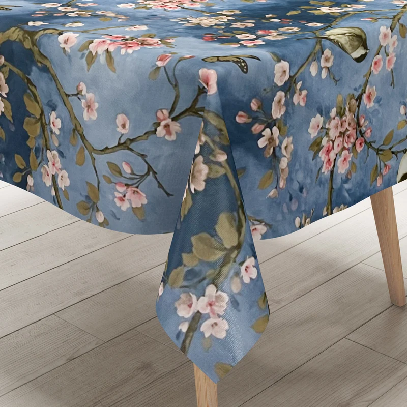 Wachstuch Tischdecke 01099-01 Kirschblüte blau Meisen Schmetterlinge wählbar in eckig, rund, oval