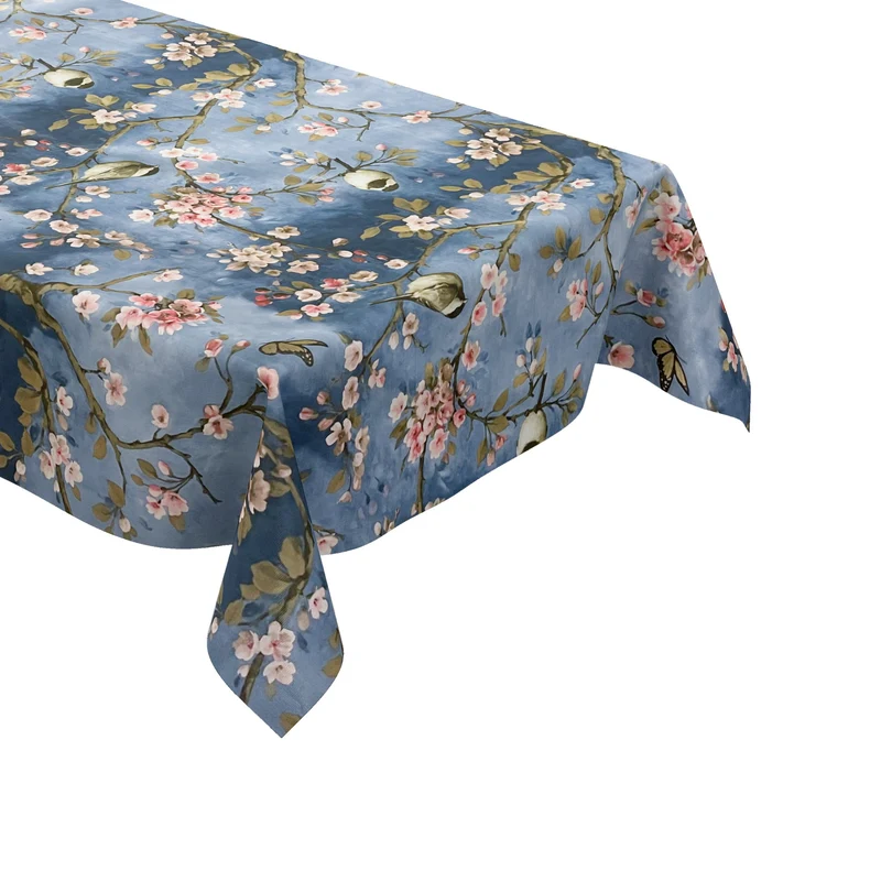 Wachstuch Tischdecke 01099-01 Kirschblüte blau Meisen Schmetterlinge wählbar in eckig, rund, oval