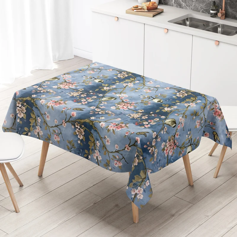 Wachstuch Tischdecke 01099-01 Kirschblüte blau Meisen Schmetterlinge wählbar in eckig, rund, oval