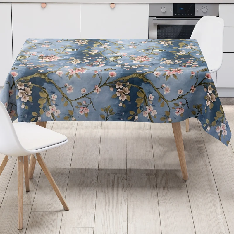 Wachstuch Tischdecke 01099-01 Kirschblüte blau Meisen Schmetterlinge wählbar in eckig, rund, oval