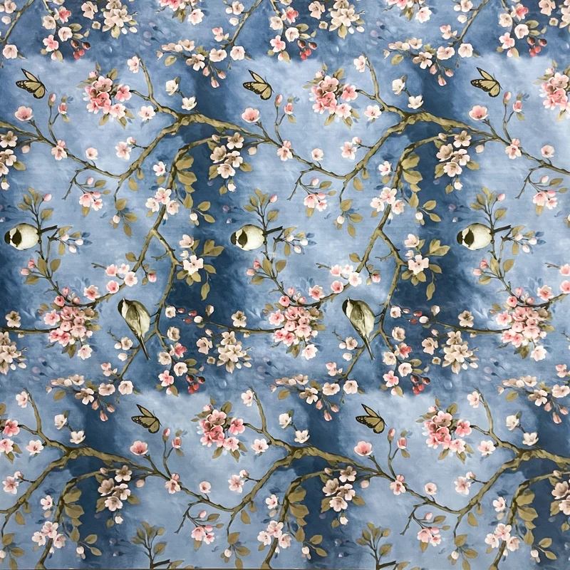 Wachstuch Tischdecke 01099-01 Kirschblüte blau Meisen Schmetterlinge wählbar in eckig, rund, oval