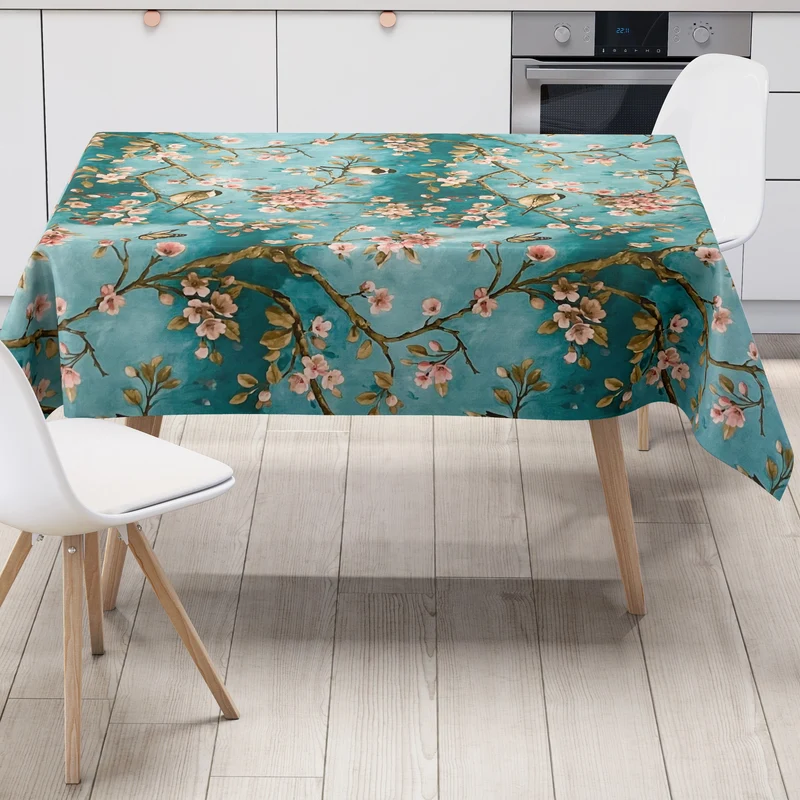 Wachstuch Tischdecke 01099-04 Kirschblüte türkis Meisen Schmetterlinge eckig rund oval