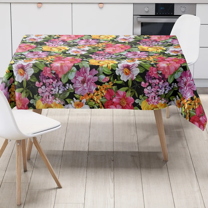Wachstuch Tischdecke 01629-02 Blüten Blumenmeer auf schwarz eckig rund oval