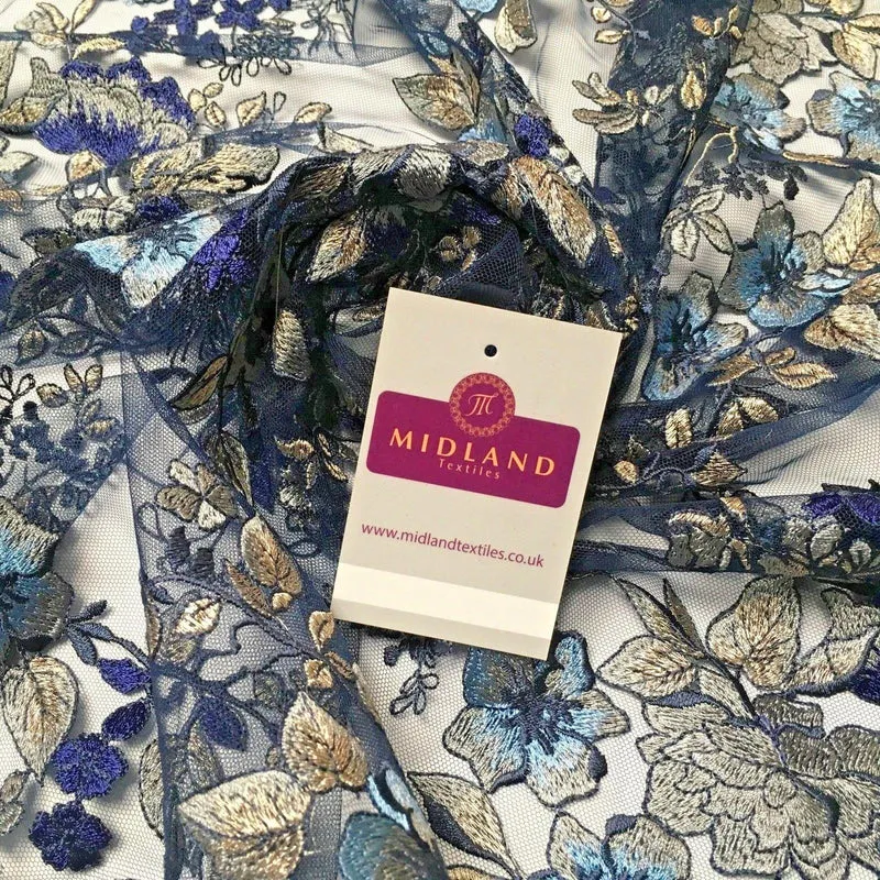 Navy Metallic embroidered Double Scalloped Net dress fabric 55" Wide MV987 Mtex